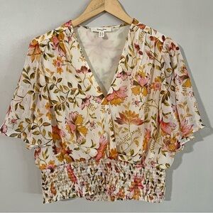 Haver + Blair Floral Smocked Blouse XL Gold Thread Boho Flutter Sleeve Top